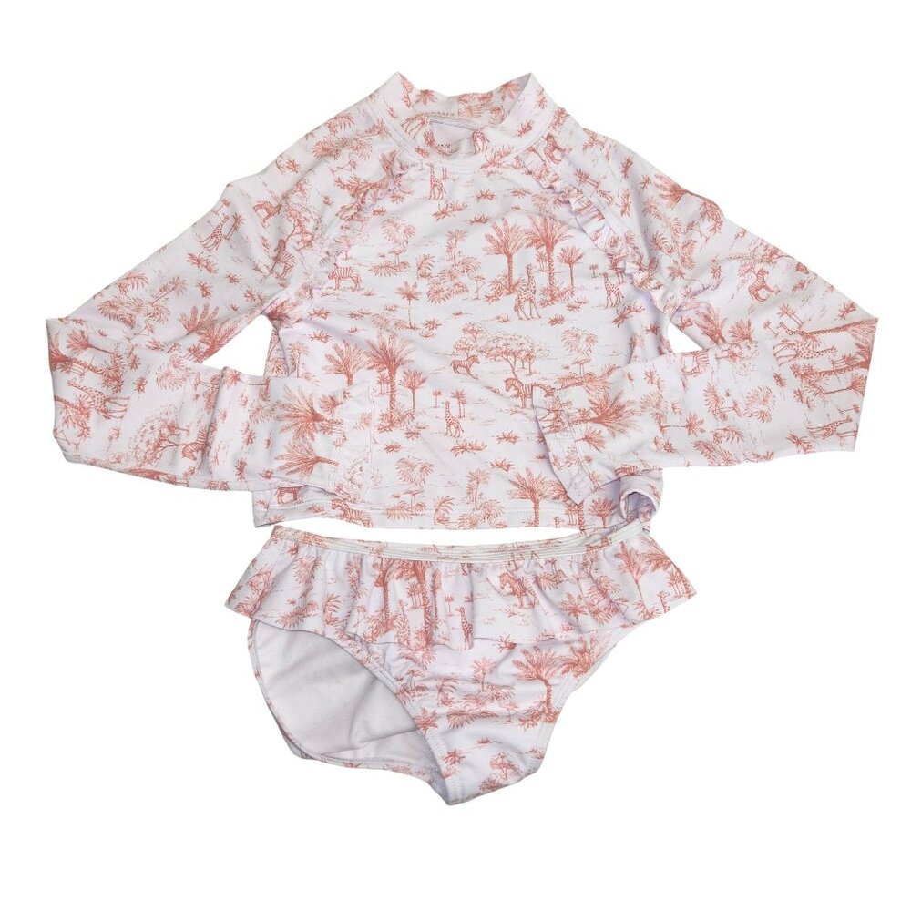 Janie And Jack Girls Size 10 Pink & White Long Sleeve Two-Piece Swimsuit With Ru